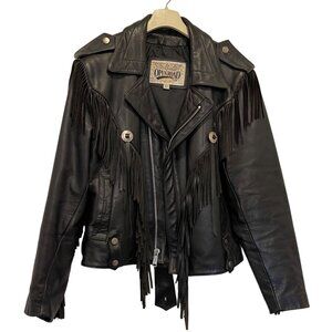 Vintage Open Road Leather Fringe Motorcycle Jacket 1991 Black Size 38